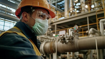 Fototapeta premium Industrial worker wearing a helmet and face mask, focused on inspecting pipes and valves in a large industrial plant.