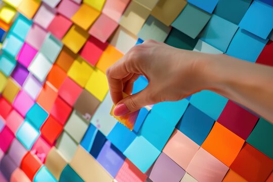 A Hand Picking Out A Paint Swatch With A Colorful Background, Creative And Detailed. Bright Indoor Lighting.