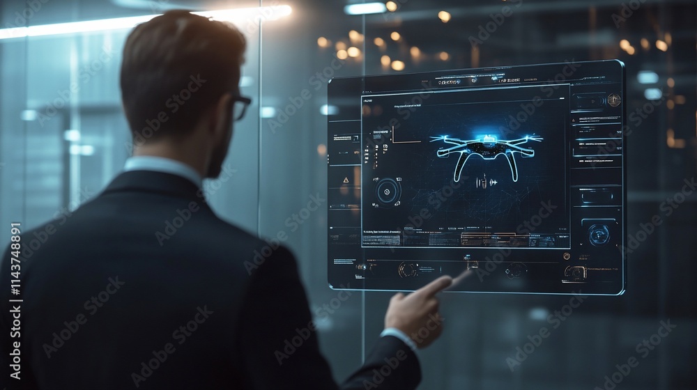Aufkleber a businessman interacts with a high-tech interface displaying drone data.