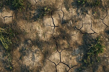 Cracked Earth Surface Showing Sparse Vegetation