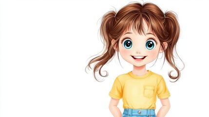 Fototapeta premium Front-facing cartoon girl with a bright smile and lively expression, featuring vibrant colors, detailed features, and a symmetrical natural pose, isolated on white.