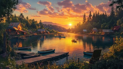 Fototapeta premium Tranquil sunset view over a small lake with colorful skies and serene reflections in the water