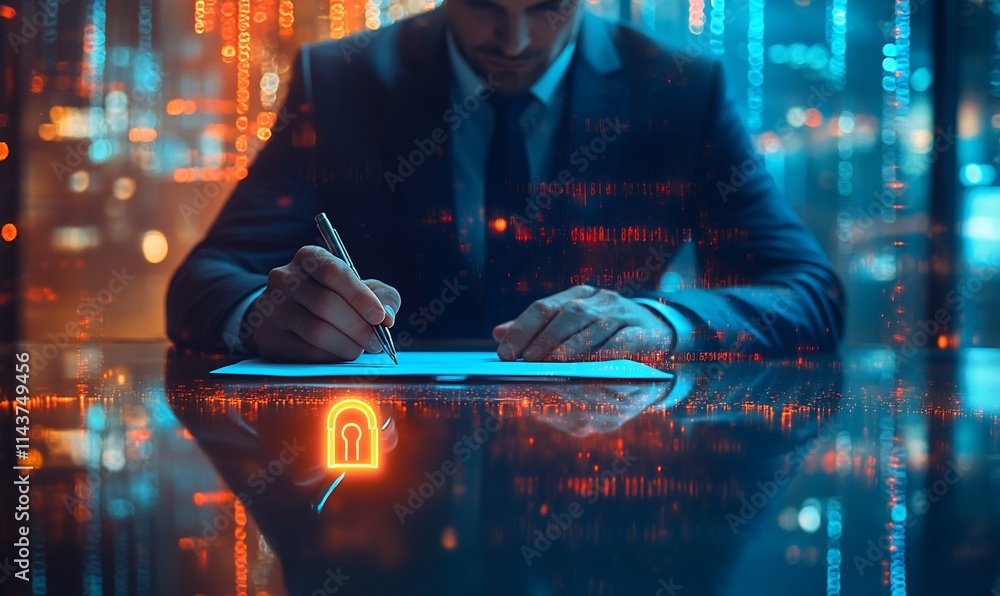 Aufkleber a businessman signing a document with digital security elements in the background.