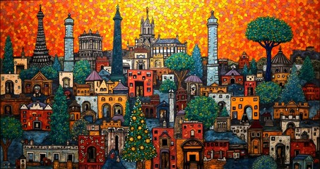 Fototapeta premium Colorful mosaic artwork capturing diverse cultural representations, historical landmarks, and vivid surroundings, celebrating heritage and unity. incorporates symbolic icons, tradition and community. 