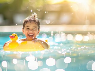 A joyful child with a duck float in a swimming pool, captured mid-laugh, with sparkling water and bright sunlight creating playful reflections. Natural bright light.