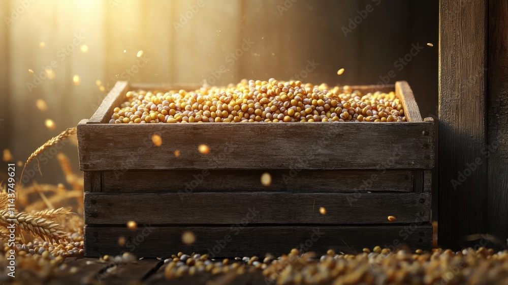 Poster traditional wooden crate overflowing with golden grains illuminated by warm sunlight in a rustic set