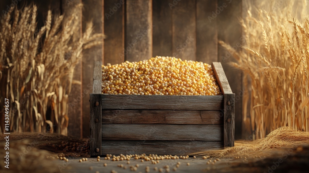 Poster traditional wooden crate filled with golden grains surrounded by ripe wheat in a rustic setting
