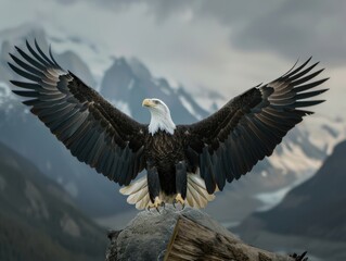 Obraz premium A jubilant eagle spreading its wings wide, showcasing power and freedom. Bright natural light, mountain background.