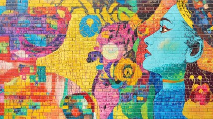 Obraz premium Vibrant street art mural showcasing a woman's profile surrounded by colorful floral designs and abstract elements in an urban setting
