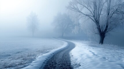 Obraz premium Winter's Embrace: A Path Through the Mist
