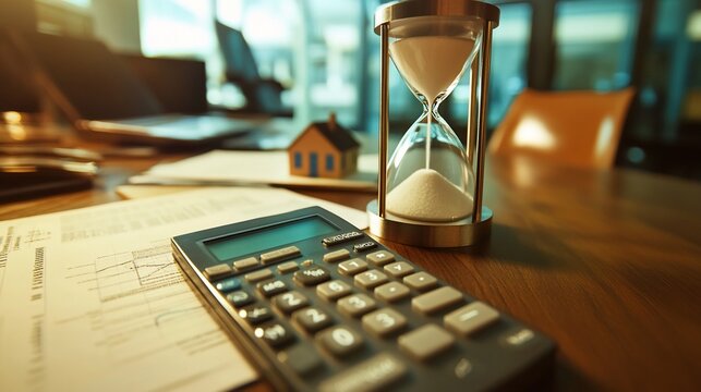 A calculator and hourglass on a desk with documents and a small house model.