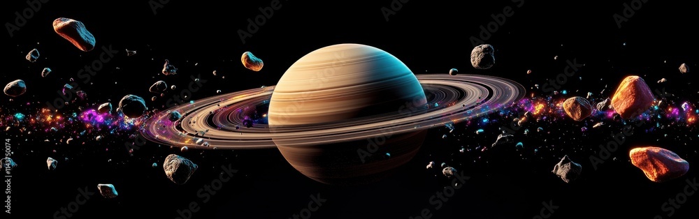 Poster Surreal depiction of a ringed planet surrounded by asteroids in a cosmic setting