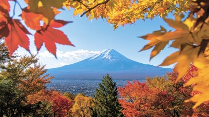Autumnal View of Mount Fuji Through Maple Leaves