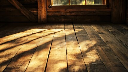 Wooden floor with sunlight shadows in a rustic cabin.