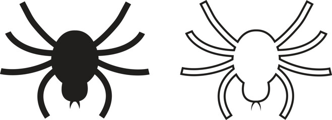 Widow spider icons set in flat and line styles. Deadly venomous spider. Jumping spider vectors illustration. Halloween, spooky and haunted concepts designs elements isolated on transparent background.