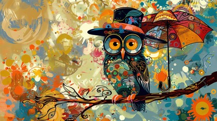 A colorful illustration of a whimsical owl wearing a top hat and holding an umbrella, perched on a branch amidst an abstract background.