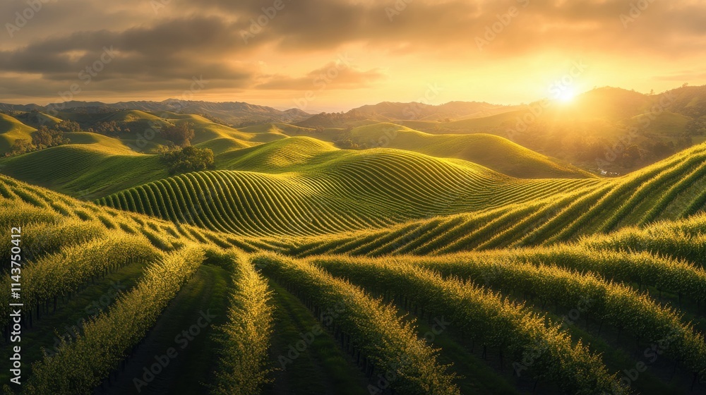 Poster panoramic view of zokrema vineyards at sunset showcasing lush rows of grapevines and rolling hills u
