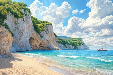 Fototapeta premium The gentle waves of a sparkling blue sea caress the soft golden sand of a secluded cove