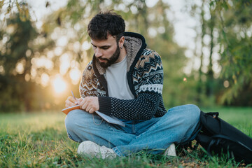Obraz premium A bearded man seated on grass writes in a notebook during a tranquil sunset. The serene outdoor setting features lush greenery, offering an atmosphere perfect for reflection and creativity.
