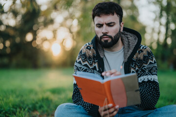 A thoughtful man reads a book while sitting on grass in a tranquil park. Captured at sunset, the...