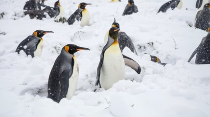Fototapeta premium A Penguin gathering in a snowy landscape, showcasing their social behavior and natural environment. Soft white snow, bright natural light.