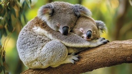 Fototapeta premium Two Koala Bears Embracing While Sleeping In A Tree