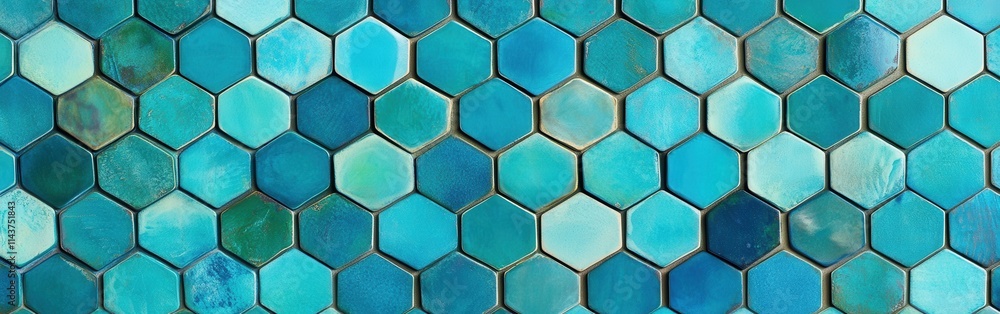 Poster Interconnected hexagons in varying shades of blue creating a vibrant mosaic pattern displayed on a wall surface