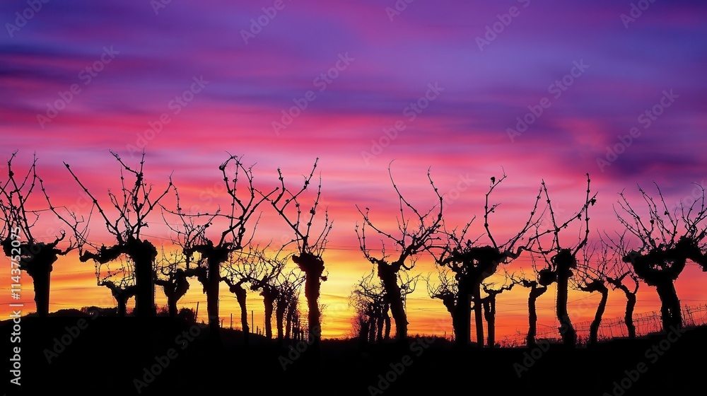 Poster serene sunset view over a vineyard with silhouetted grapevines and colorful sky