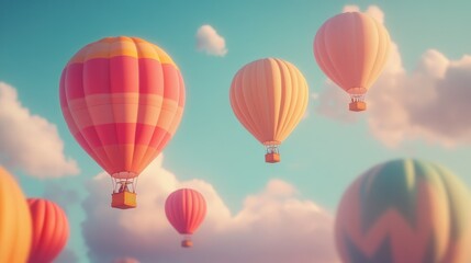 Fototapeta premium Colorful hot air balloons float in a serene sky, creating a whimsical travel scene.