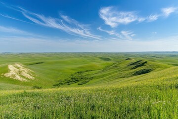 Obraz premium Vast green field, rolling hills lush grass vibrant landscape clear blue sky wispy clouds horizon