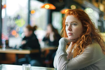 A redheaded woman sitting thoughtfully in a busy cafe, with a contemplative expression and soft natural light creating a cozy atmosphere. Natural soft light.