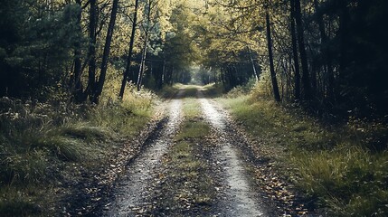 Fototapeta premium Forest Path, Mysterious Woods, Nature Trail, Autumn Woods, Pathway, Wilderness, Solitude, Exploration