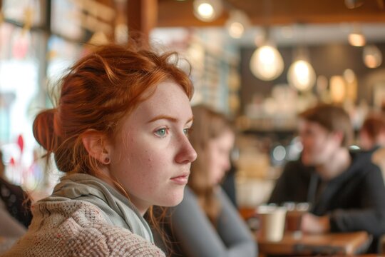 A redheaded woman sitting thoughtfully in a busy cafe, with a contemplative expression and soft natural light creating a cozy atmosphere. Natural soft light.