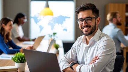 Obraz premium A charismatic young man with short dark hair and stubble, wearing a crisp white shirt and sleek black glasses, stands confidently in front of a globe-adorned window, gazing directly into view with a w