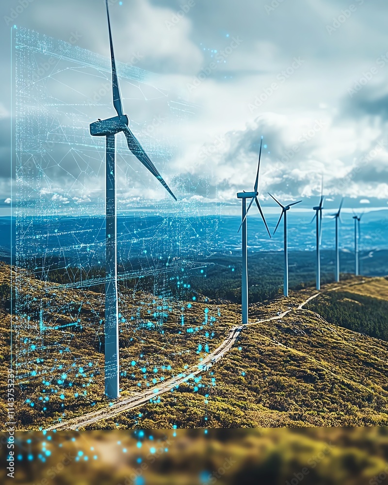 Poster digital futuristic graphics overlaid on wind turbines, representing innovation and technological pro