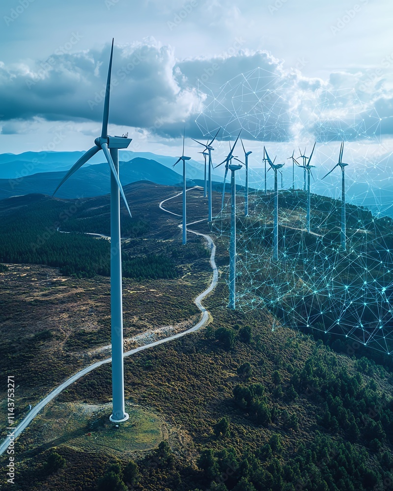 Poster digital futuristic graphics overlaid on wind turbines, representing innovation and technological pro