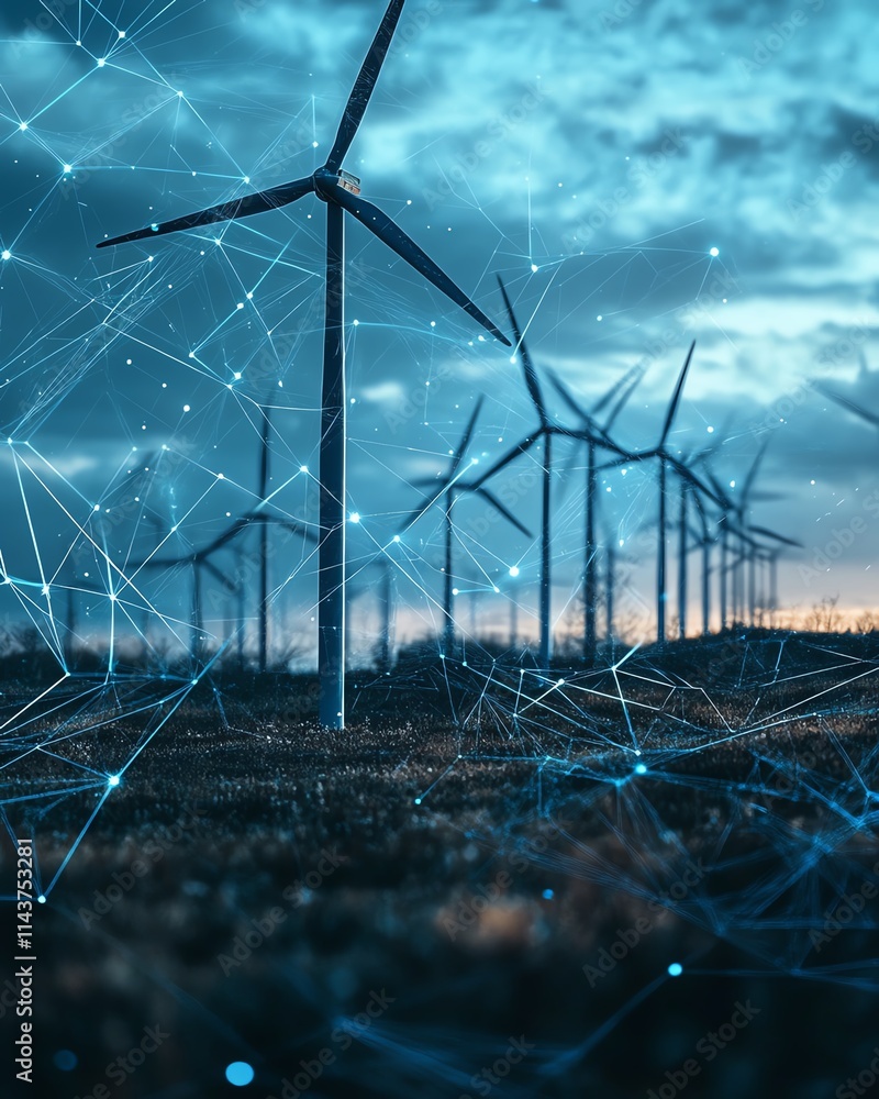 Poster digital futuristic graphics overlaid on wind turbines, representing innovation and technological pro
