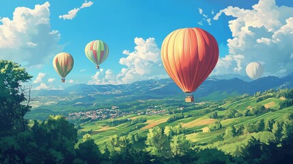 Fototapeta premium Colorful hot air balloons soaring over a picturesque landscape with rolling hills and a village.