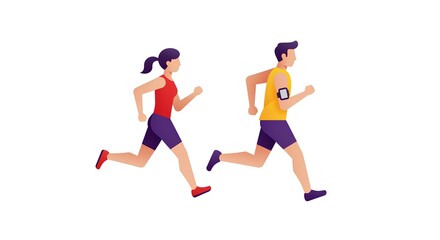ジョギングする若い男女、イラスト素材｜Young men and women jogging, illustration material