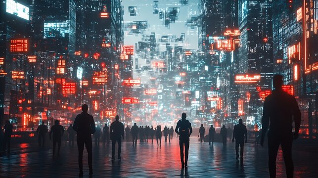 Silhouetted figures in a futuristic, neon-lit city.