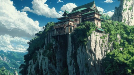 Mountaintop temple, Asian architecture, scenic view. (1)