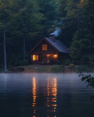 Fototapeta premium Cozy Lakeside Cabin Retreat in the Serene Twilight Forest