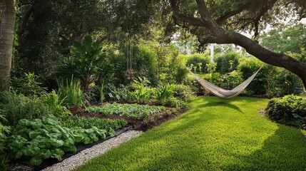 Serene backyard garden in Florida showcasing lush greenery and a relaxing hammock for afternoon leisure