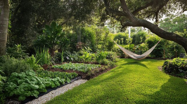 Serene backyard garden in Florida showcasing lush greenery and a relaxing hammock for afternoon leisure