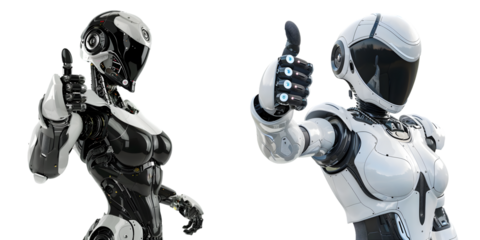 Poster with a robot woman giving thumbs up. Generative AI.