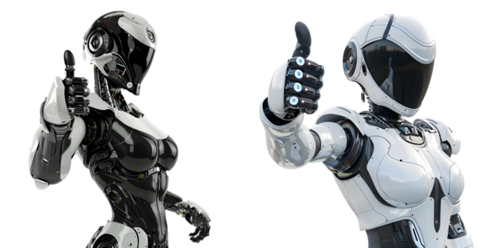 Poster with a robot woman giving thumbs up. Generative AI.