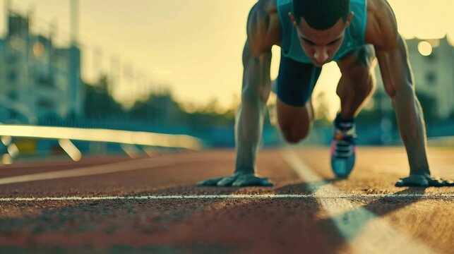 A runner poised at the starting line of a track, capturing the intensity of the moment. Bright, natural lighting.