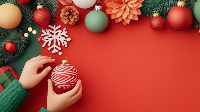 Christmas decorations relevance concept. Festive decorations and hands preparing a Christmas ornament on a red background.