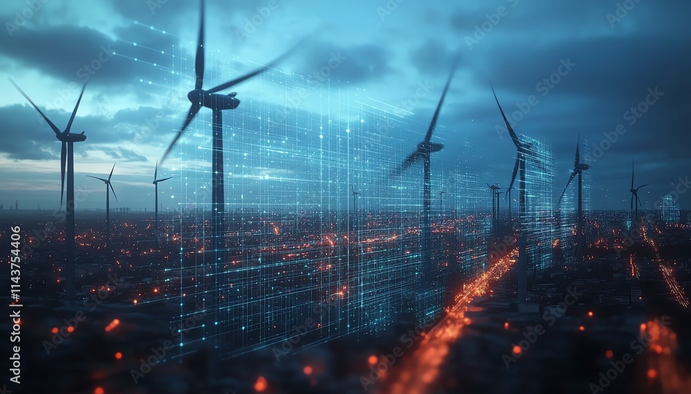 Poster Hightech digital graphics on wind turbines, symbolizing the future of renewable energy and technological advancements in the green energy field