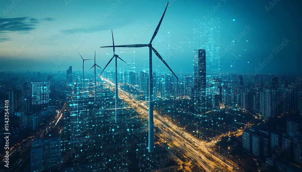 Aufkleber hightech digital graphics on wind turbines, symbolizing the future of renewable energy and technolog